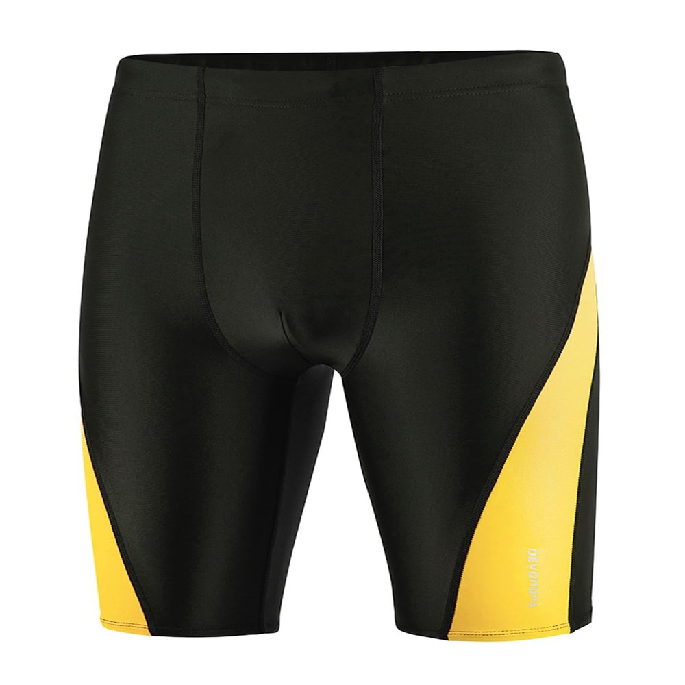 DEVOROPA Boys' Splice Swim Jammers Youth Competitive Swim Team Suit Quick Dry Athletic Swimming Shorts UPF 50+ Black/Yellow XS