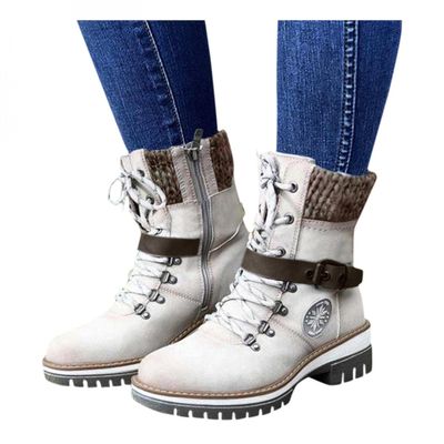 Bcshiye Women's Low Heel Mid Calf Boots Retro Lace up Strap Buckle Knight Booties Comfy Outdoor Combat Western Shoes