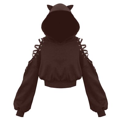 Women Y2k Hoodies, Womens Long Sleeve Cute Cat Ear Pullover Hoodie Crop Top Gothic Cold Shoulder Lace Up Sweatshirt