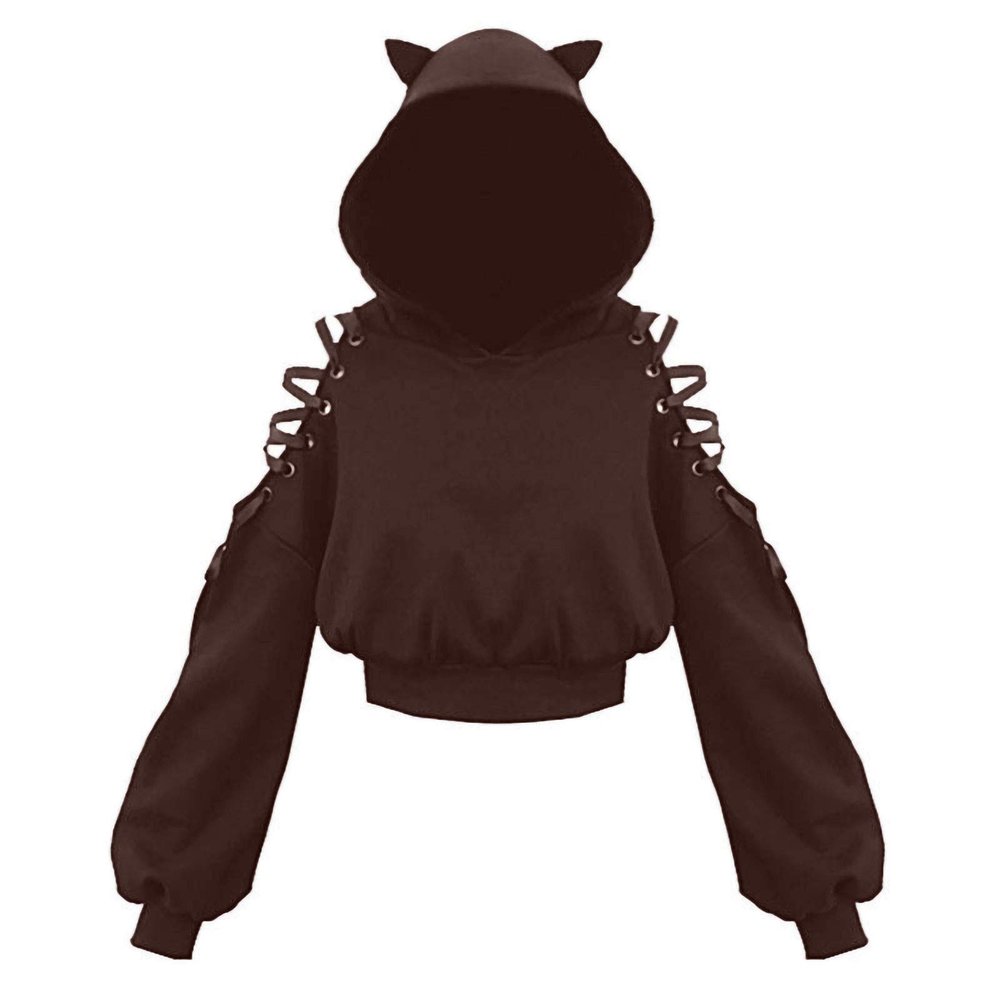 Women Y2k Hoodies, Womens Long Sleeve Cute Cat Ear Pullover Hoodie Crop Top Gothic Cold Shoulder Lace Up Sweatshirt