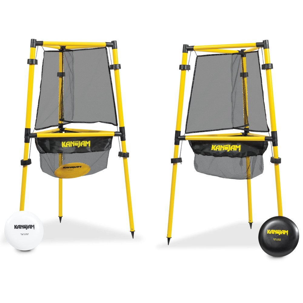 Kan Jam Disc Golf Set Step Up - 3 Discs & 2 Baskets - 170g Driver, 160g Midrange & 150g Putter - Interchangeable Feet for Yard & Beach Games - Quick Pop-Up Target Baskets for Camping Games