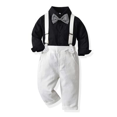 Autumn Baby Boys Clothes Sets Toddler Boy Outfits Gentleman Suits 3pcs Striped Bow Tie Shirts and Suspenders Pants Casual Birthday Formal Wedding Party Dress Suits Black + White Plaid Tie 12-18 Months