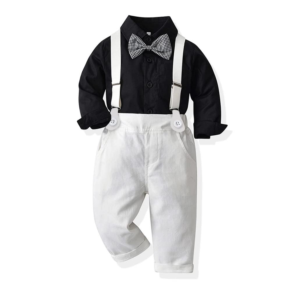 Autumn Baby Boys Clothes Sets Toddler Boy Outfits Gentleman Suits 3pcs Striped Bow Tie Shirts and Suspenders Pants Casual Birthday Formal Wedding Party Dress Suits Black + White Plaid Tie 12-18 Months