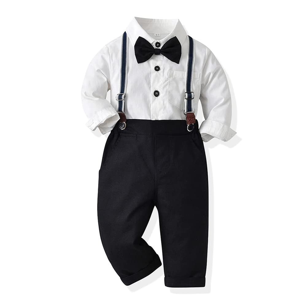 Autumn Baby Boys Clothes Sets Toddler Boy Outfits Gentleman Suits 3pcs Striped Bow Tie Shirts and Suspenders Pants Casual Birthday Formal Wedding Party Dress Suits Black + White Striped 6-12 Months