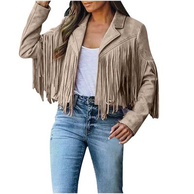 tuduoms Women Cropped Tassels Jacket Moto Biker Cropped Jackets Fringe Coat Open Front Cardigans Long Sleeve Outwear