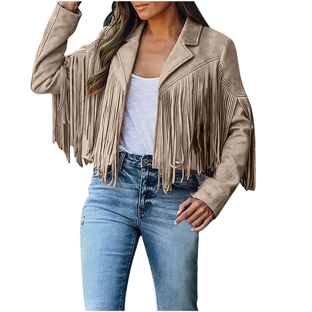 tuduoms Women Cropped Tassels Jacket Moto Biker Cropped Jackets Fringe Coat Open Front Cardigans Long Sleeve Outwear
