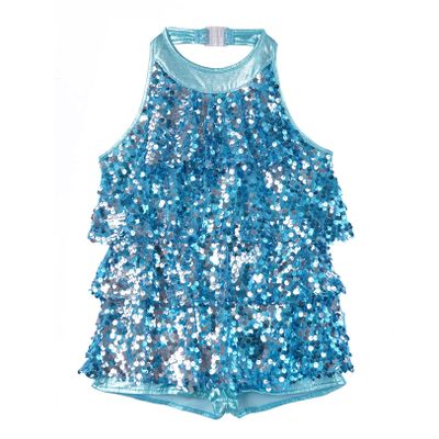 JEATHA Kids Girls Sleeveless Shiny Sequins Halter Tassel Mini Dress Latin Jazz Salsa Samba Rumba Dance Costumes Blue 14
