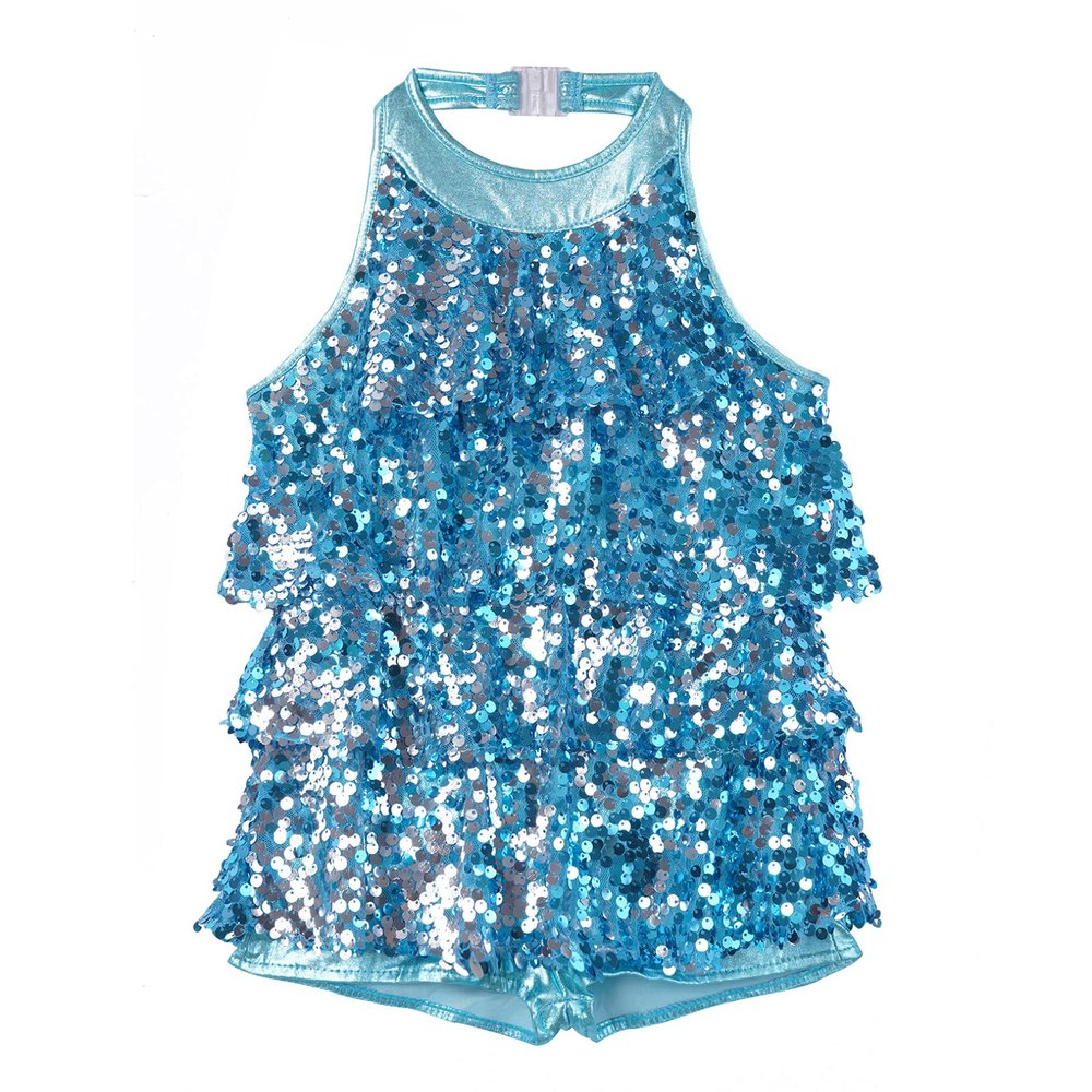 JEATHA Kids Girls Sleeveless Shiny Sequins Halter Tassel Mini Dress Latin Jazz Salsa Samba Rumba Dance Costumes Blue 14