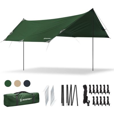 Bessport Camping Tarp, 169.8FT with 2 Poles, Lightweight Car Awning Sunshade, Portable Multifunctional Backpacking, PU 3000mm Waterproof Rain Fly Hammock Tarp for Outdoor,Traveling, Hilking