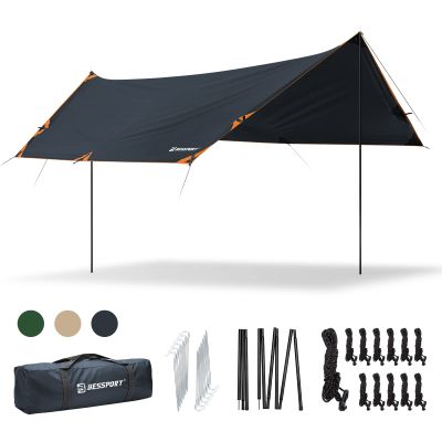 Bessport Camping Tarp, 169.8FT with 2 Poles, Lightweight Car Awning Sunshade, Portable Multifunctional Backpacking, PU 3000mm Waterproof Rain Fly Hammock Tarp for Outdoor,Traveling, Hilking