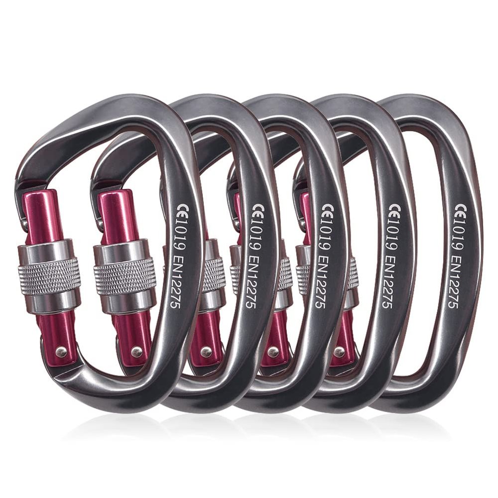 NewDoar Heavy Duty Locking Carabiner 24KN/5400lbs,Screwgate Locking for Keychain Dog Leashes&Harness, Heavy Duty Clips for Camping, Hiking, Swing, Hammock (D Shape Grey 5pcs)