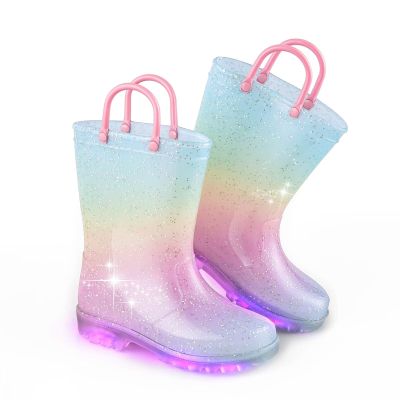 EUXTERPA Girls Glitter Light Up Waterproof Rain Boots Toddler Kids Rainbow Boots with Easy On Handles, Pink Gradient, Big Kid Size 3