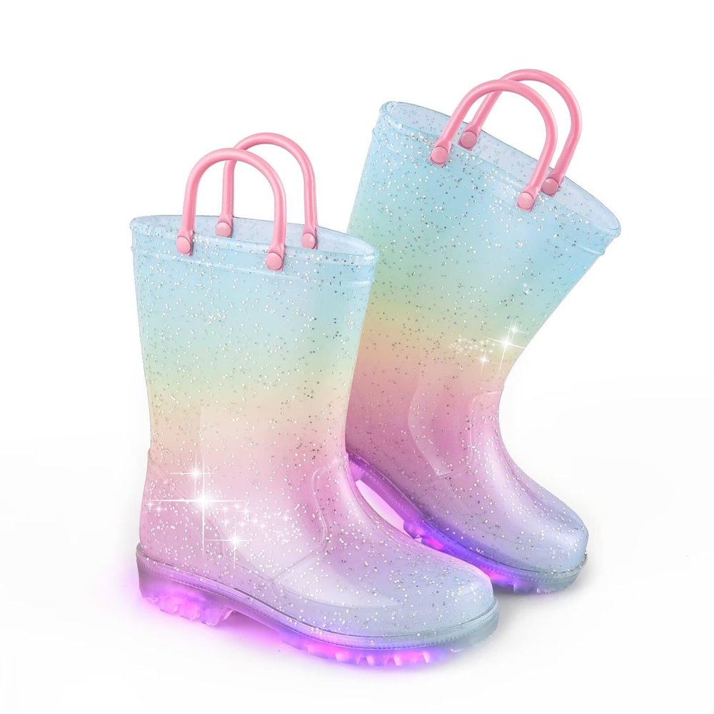EUXTERPA Girls Glitter Light Up Waterproof Rain Boots Toddler Kids Rainbow Boots with Easy On Handles, Pink Gradient, Big Kid Size 3