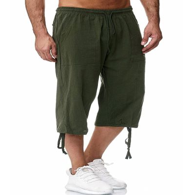 HangNiFang Men's Long Linen Shorts Below Knee Pocketed 3/4 Summer Drawstring Capri Pant(0131-ArmyGreen-XXL)