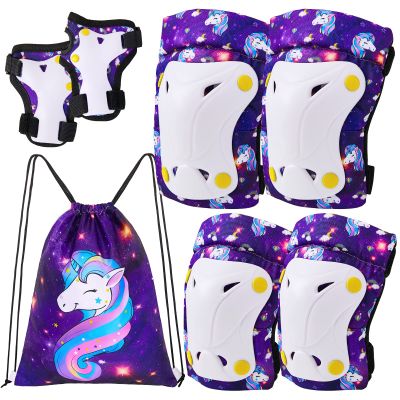 FIODAY Knee Pads for Kids Toddler Knee Pads and Elbow Pads Wrist Guards with Drawstring Bag Adjustable Protective Gear Set for Girls Boys Skating Cycling Skateboard Scooter,3-8 Years,Purple