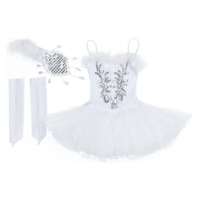 Hansber Girls Classic Swan Lake Ballet Dance Costume Sequins Leotard Tutu Skirts Gloves with Hair Clip White 14