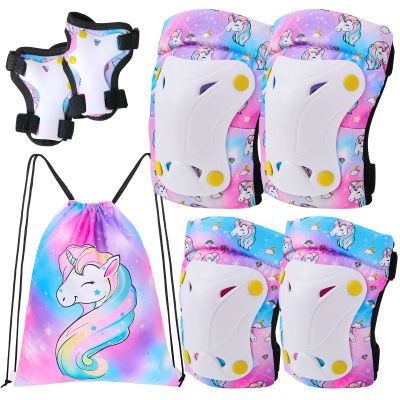 FIODAY Knee Pads for Kids Toddler Knee Pads and Elbow Pads Wrist Guards with Drawstring Bag Adjustable Protective Gear Set for Girls Boys Skating Cycling Skateboard Scooter,3-8 Years,Colorful
