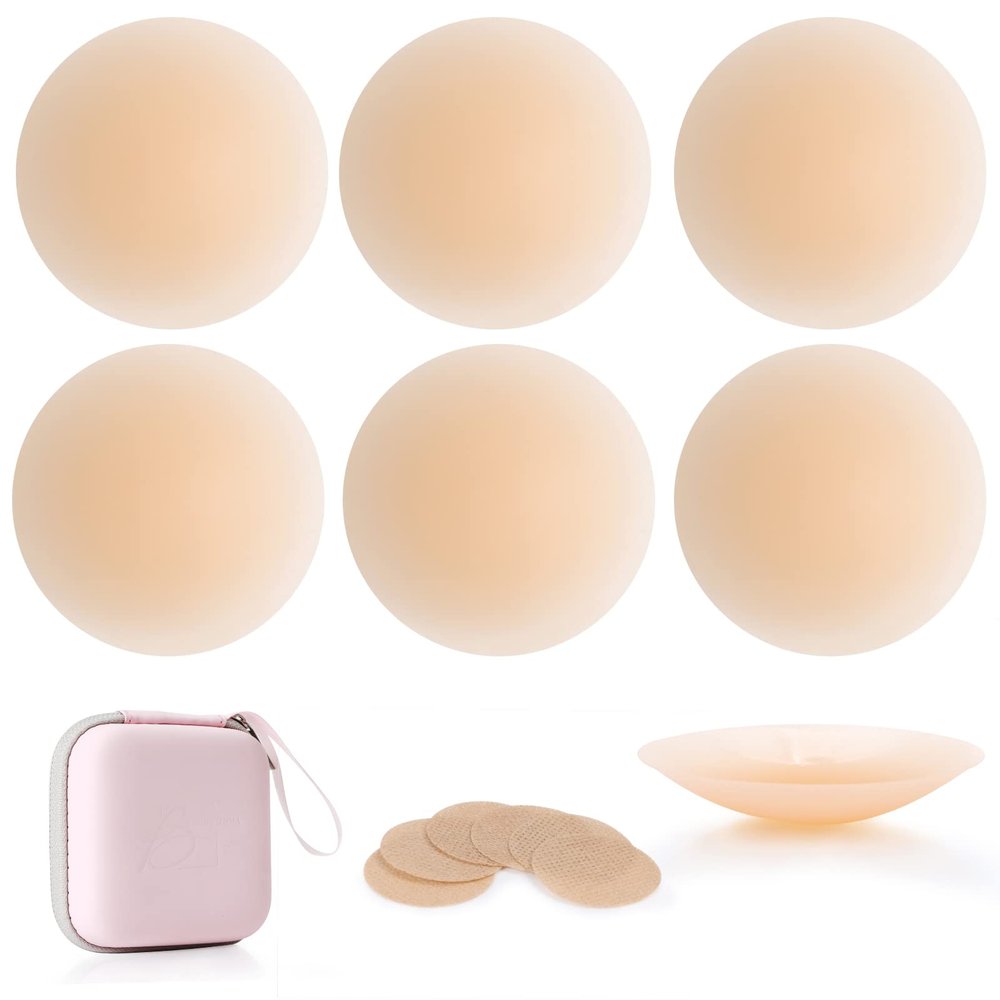 Bonamona Nipple Covers 3 Pairs, Nipple Pasties for Women Reusable, Ultra Thin Pasties Nipple Covers Adhesive Silicone Breast Petals (Nude) with Travel Box