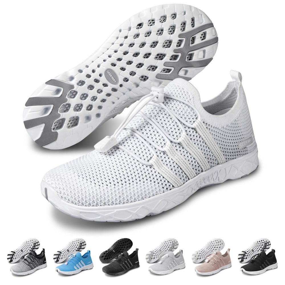 SEEKWAY Mens Womens Water Shoes Quick Dry Non-Slip Barefoot Lightweight Beach Pool River Sailing Walking AE051 White
