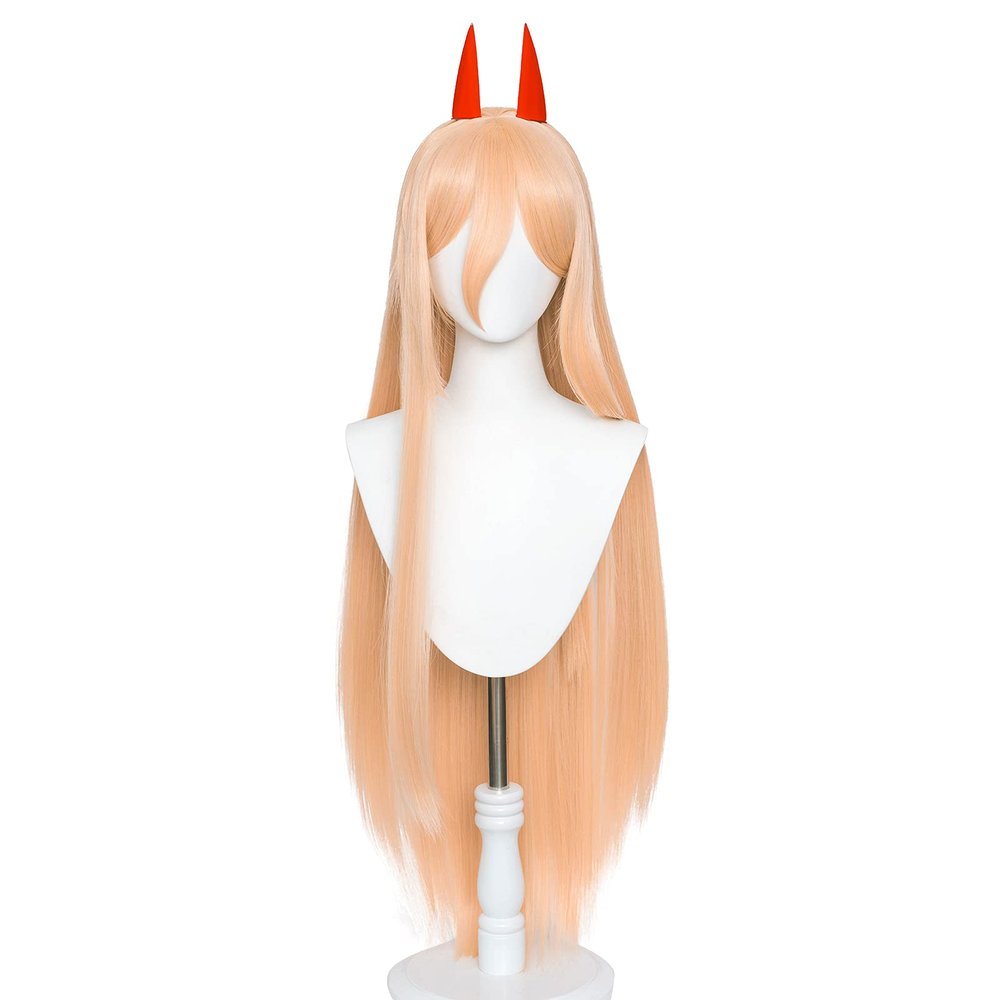 maysuwell Power Cosplay Wigs for Anime Long Orange Wig with Horns for Halloween Costume Party Adult Hair Wig