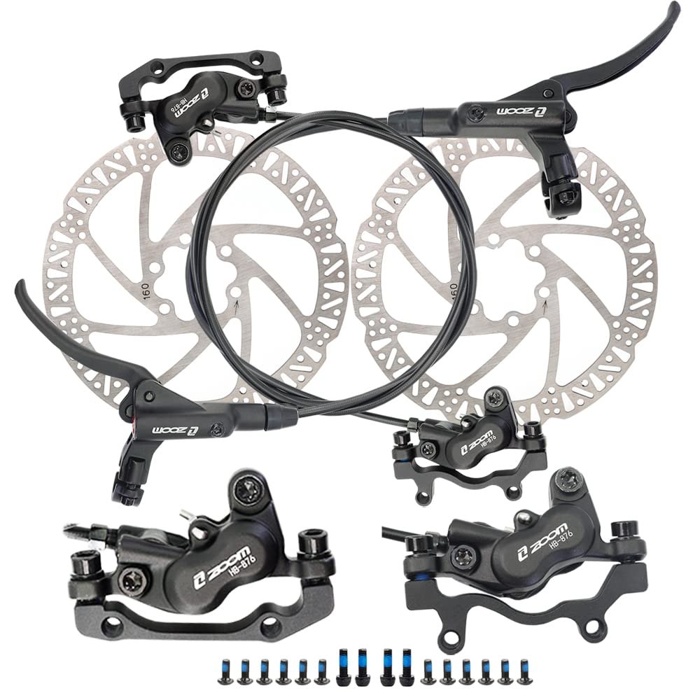 JFOYH zoom HB876 4-Piston Pre-Bled Hydraulic Disc Brake Set for Mountain Bike, Bike Disc Brake Kit with 160mm Rotors, Front and Rear Levers(PM Adapter Included) - Left-Front&Right-Rear