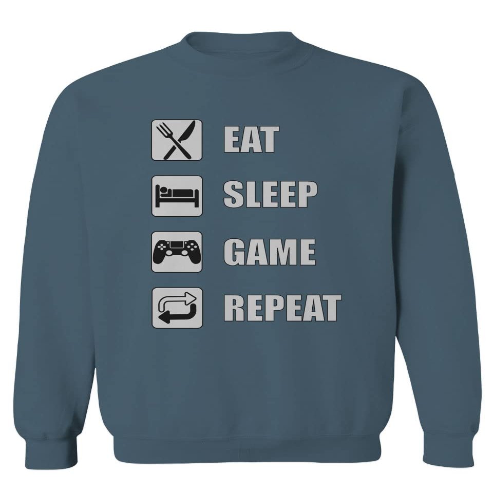0445. Eat Sleep Game Repeat Video Gamer Funny Gift Gaming Graphic Men's Crewneck Sweatshirt (Indigo Blue X-Large)