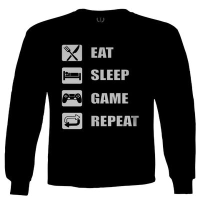 0445. Eat Sleep Game Repeat Video Gamer Funny Gift Gaming Graphic Men's Long Sleeve t Shirt (Black, Small)