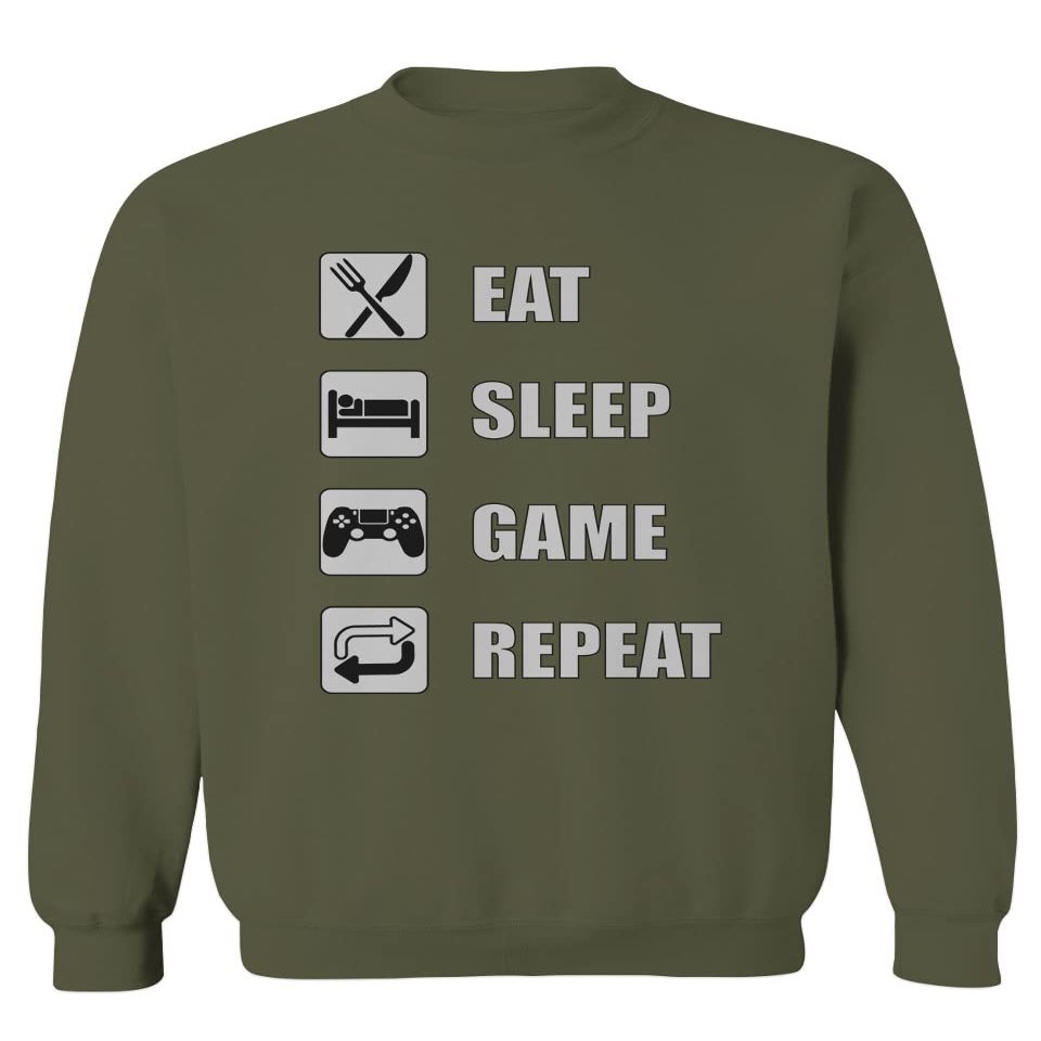 0445. Eat Sleep Game Repeat Video Gamer Funny Gift Gaming Graphic Men's Crewneck Sweatshirt (Olive, Medium)