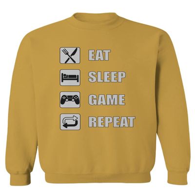 0445. Eat Sleep Game Repeat Video Gamer Funny Gift Gaming Graphic Men's Crewneck Sweatshirt (Gold X-Large)