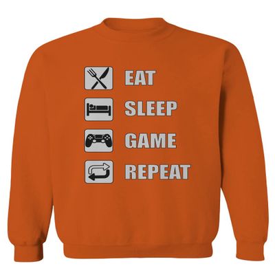 0445. Eat Sleep Game Repeat Video Gamer Funny Gift Gaming Graphic Men's Crewneck Sweatshirt (Orange Large)