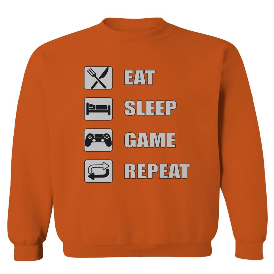 0445. Eat Sleep Game Repeat Video Gamer Funny Gift Gaming Graphic Men's Crewneck Sweatshirt (Orange Large)