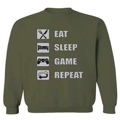 0445. Eat Sleep Game Repeat Video Gamer Funny Gift Gaming Graphic Men's Crewneck Sweatshirt (Olive, X-Large)