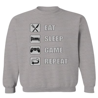 0445. Eat Sleep Game Repeat Video Gamer Funny Gift Gaming Graphic Men's Crewneck Sweatshirt (Light Gray Small)