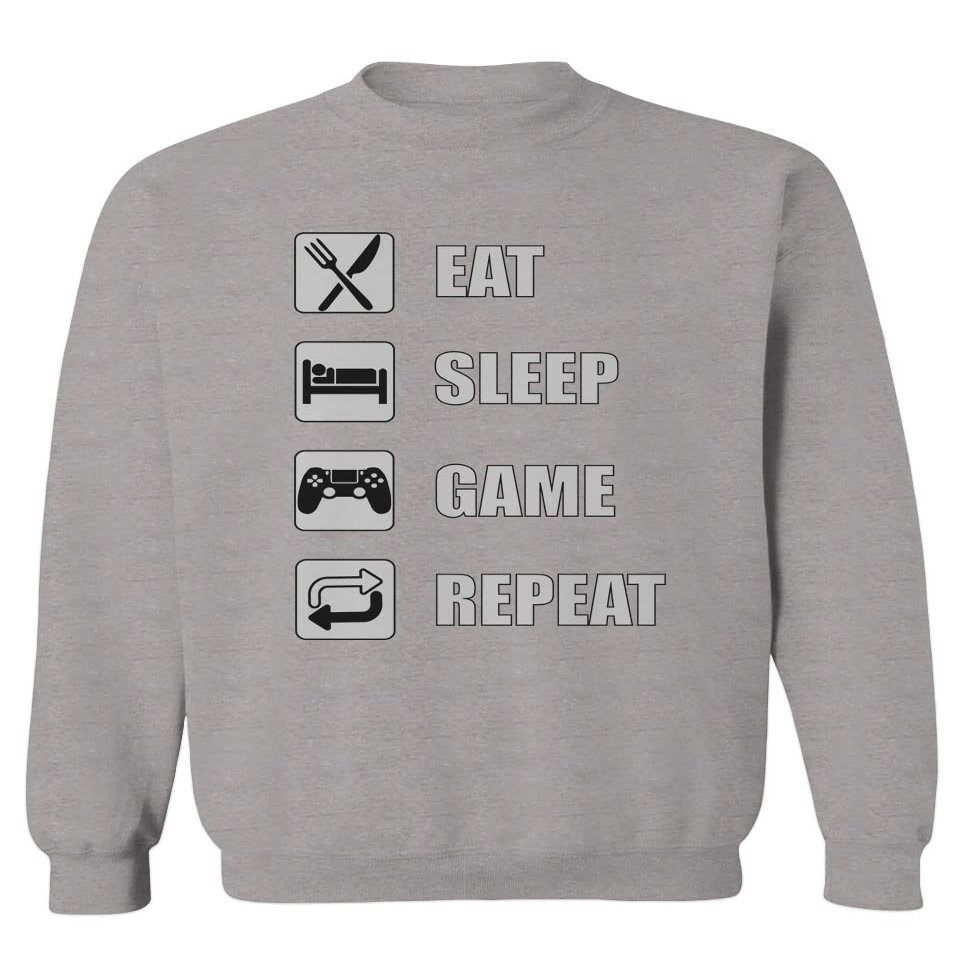 0445. Eat Sleep Game Repeat Video Gamer Funny Gift Gaming Graphic Men's Crewneck Sweatshirt (Light Gray Small)