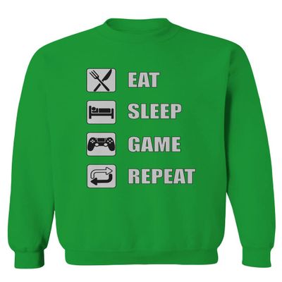 0445. Eat Sleep Game Repeat Video Gamer Funny Gift Gaming Graphic Men's Crewneck Sweatshirt (Irish Green X-Large)