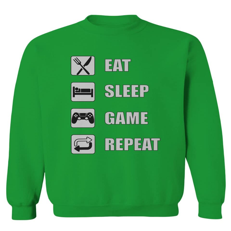 0445. Eat Sleep Game Repeat Video Gamer Funny Gift Gaming Graphic Men's Crewneck Sweatshirt (Irish Green X-Large)