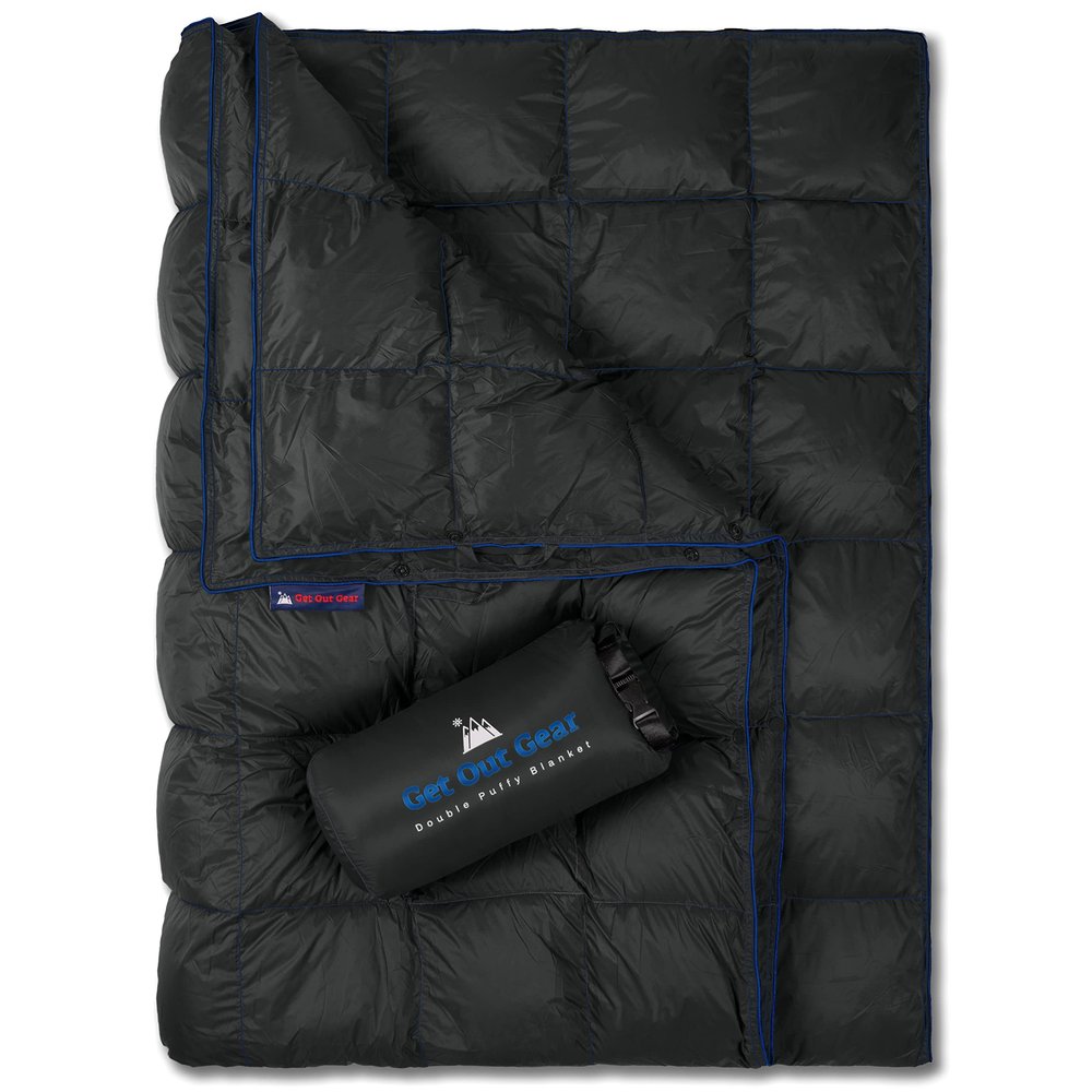 Get Out Gear Double Puffy Camping Blanket - Extra Puffy, Packable, Lightweight and Warm | Ideal for Outdoors, Travel, Stadium, Festivals, Beach, Hammock | Water-Resistant Camp Quilt (Black/Blue)