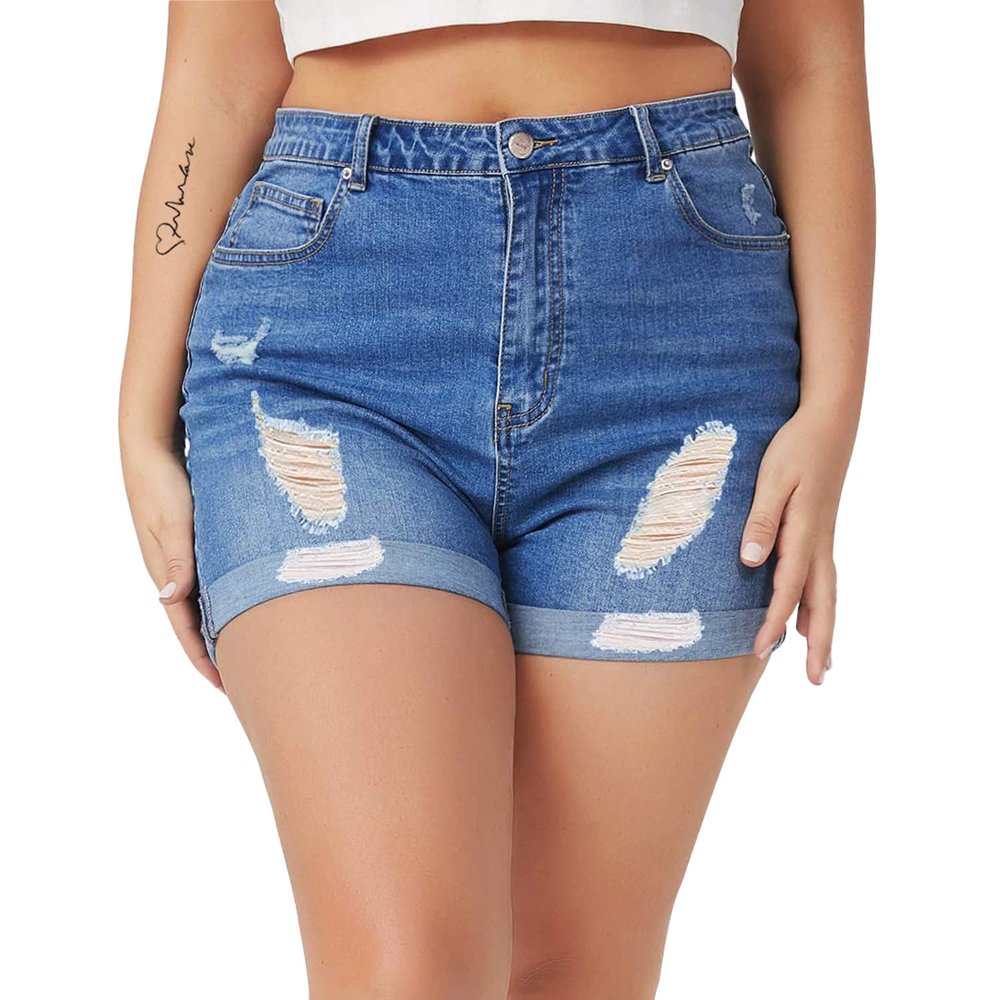 Tulucky Women Plus Size Jean Shorts High Waist Cute Distressed Ripped Folded Hem Denim Shorts(3#DarkBlue,24Plus)
