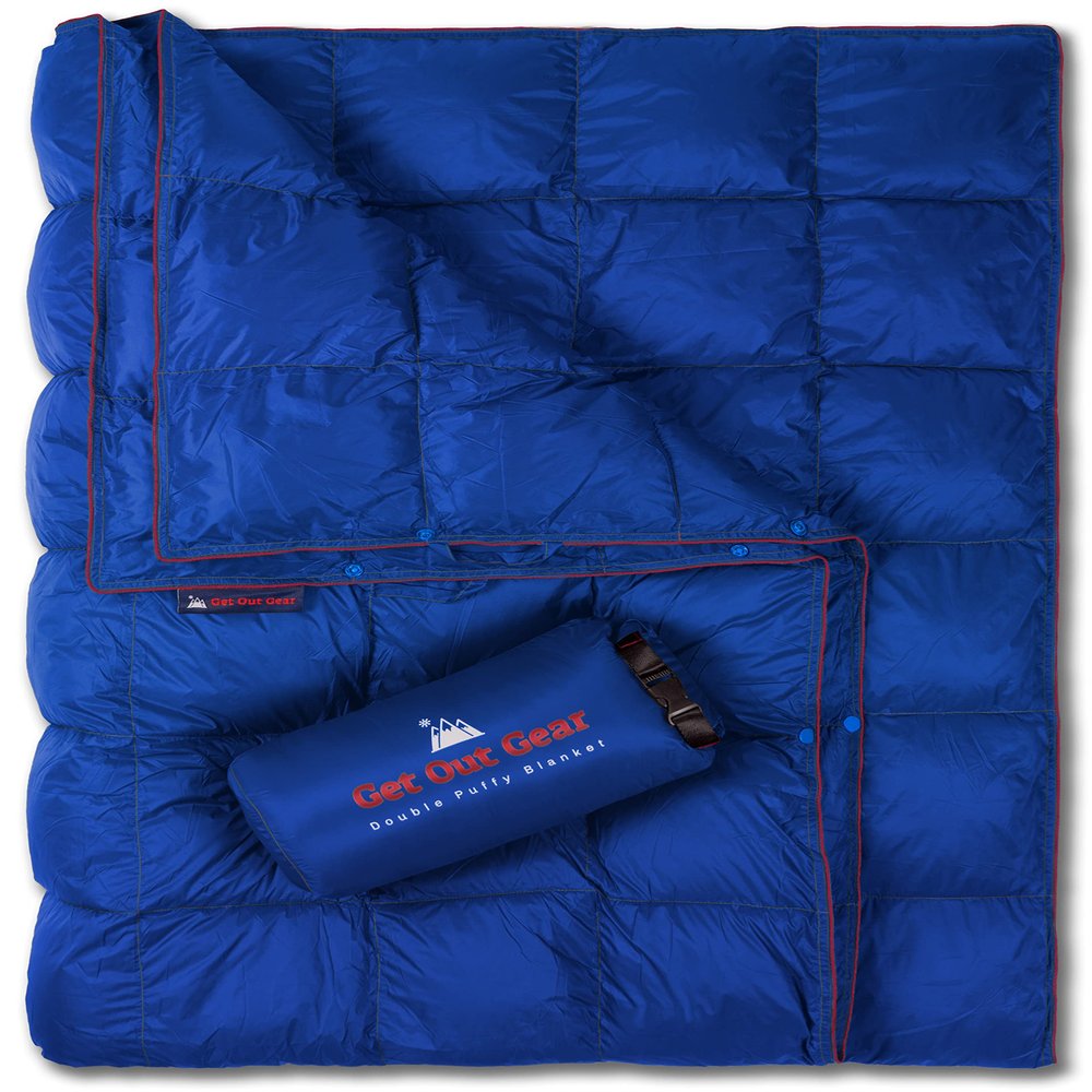 Get Out Gear Double Puffy Camping Blanket - Extra Puffy, Packable, Lightweight and Warm | Ideal for Outdoors, Travel, Stadium, Festivals, Beach, Hammock | Water-Resistant Camp Quilt (Blue/Red)