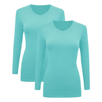 BaHoki Essentials Long Sleeve V-Neck Undershirts - Great Stretch and Layering Piece - Designed for Maximum Performance - 2 Pack (XS, Aqua)