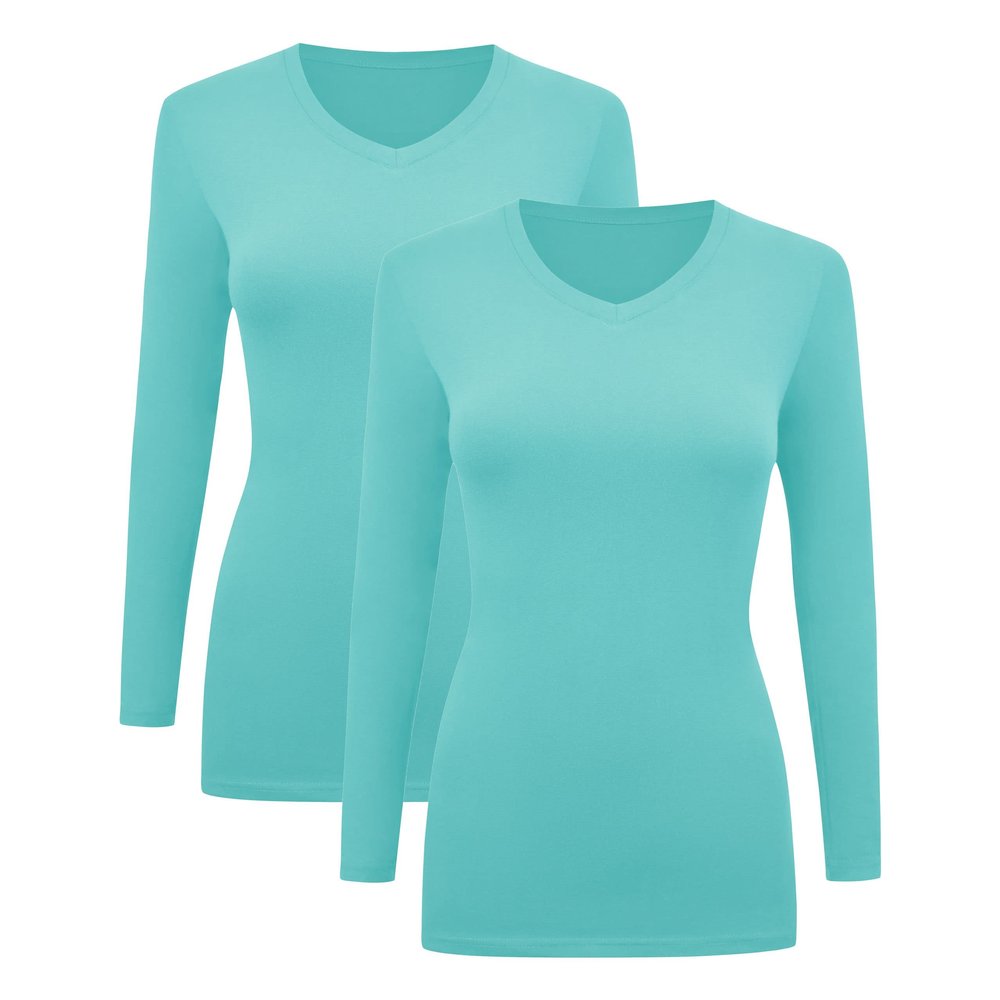 BaHoki Essentials Long Sleeve V-Neck Undershirts - Great Stretch and Layering Piece - Designed for Maximum Performance - 2 Pack (XS, Aqua)