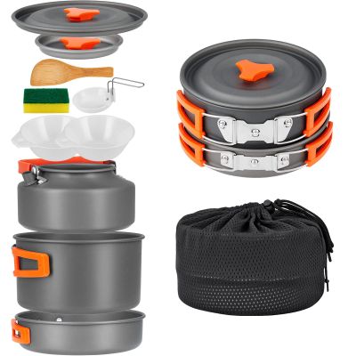YETO Camping Cookware Set 10pcs Camping Pots and Pans Set Foldable Camping Mess Kit for 2-3 People Hard-Anodized Aluminum Backpacking Cookware Set for Outdoor Hiking Picnic, MediumGrey