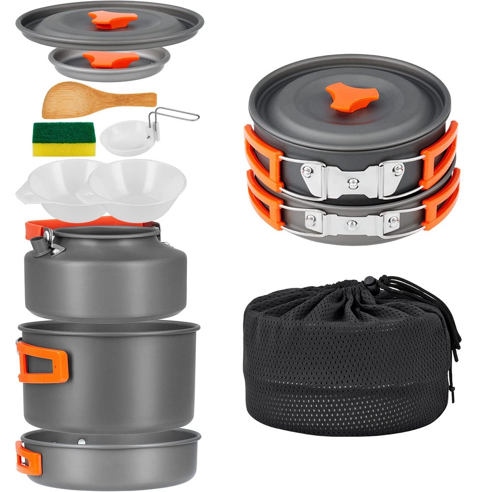 YETO Camping Cookware Set 10pcs Camping Pots and Pans Set Foldable Camping Mess Kit for 2-3 People Hard-Anodized Aluminum Backpacking Cookware Set for Outdoor Hiking Picnic, MediumGrey