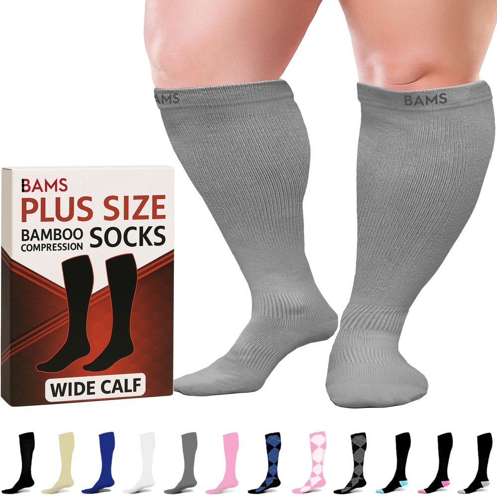 BAMS Plus Size Compression Socks Wide Calf XL XXL XXXL Graduated Knee-High Support, Viscose from Bamboo Easy-On/Easy-Off (Gray, 3XL)