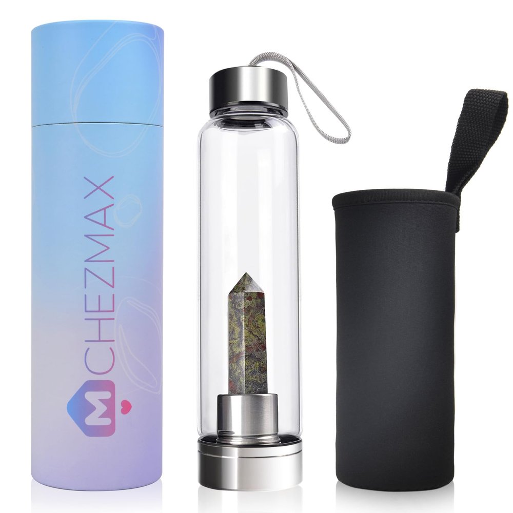 ChezMax Crystal Glass Water Bottle with Changeable Natural Crystal Center
