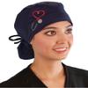 Sparkling EARTH Navy Blue Cap with Heart Stethoscope Patch Big Hair Cotton Ponytail Surgical Style Scrub Cap - Made in The USA! view 3
