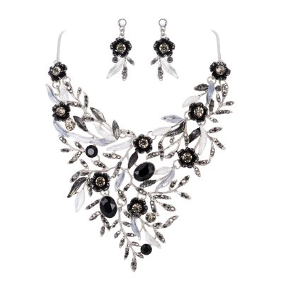 BriLove Wedding Bridal Leaf Cluster Jewelry Set for Women Crystal Flower Enamel Statement Necklace Dangle Earrings Black Silver-Tone