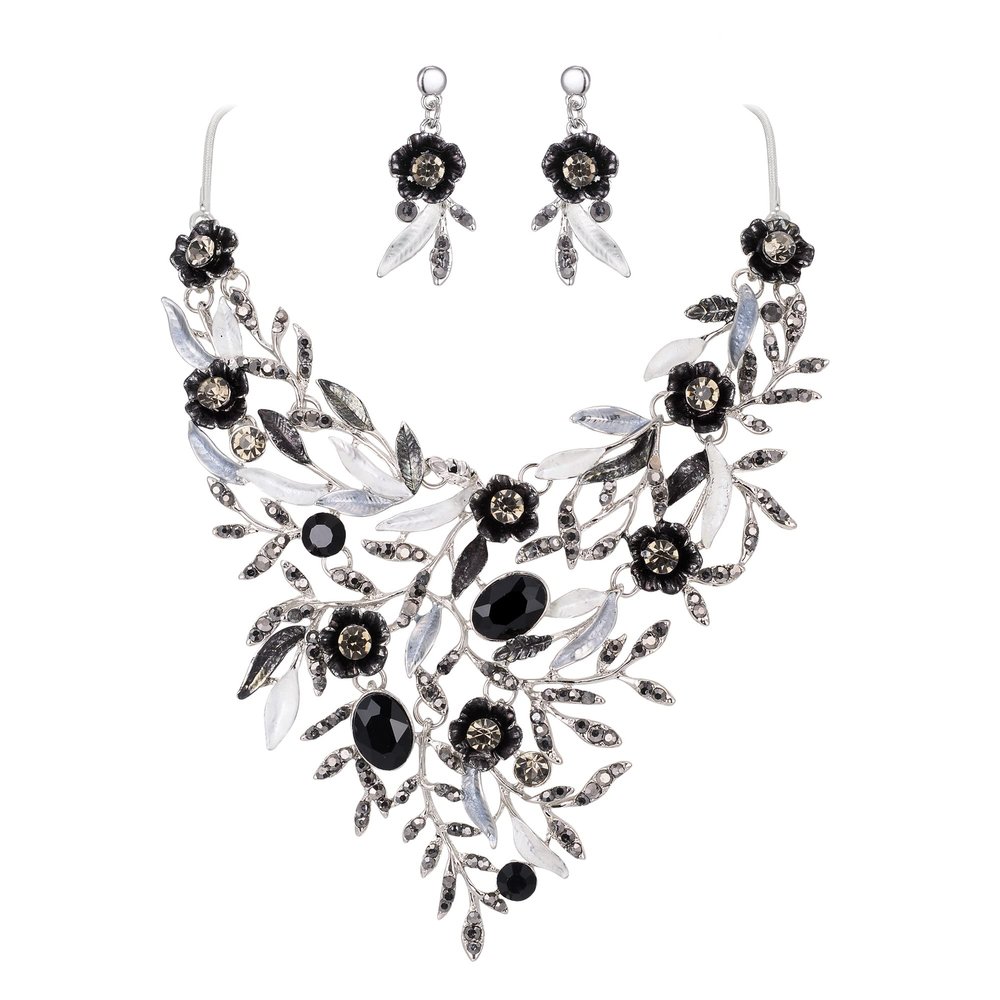 BriLove Wedding Bridal Leaf Cluster Jewelry Set for Women Crystal Flower Enamel Statement Necklace Dangle Earrings Black Silver-Tone