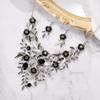BriLove Wedding Bridal Leaf Cluster Jewelry Set for Women Crystal Flower Enamel Statement Necklace Dangle Earrings Black Silver-Tone view 3