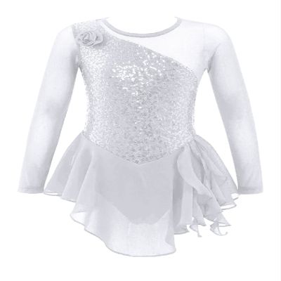 easyforever Kids Girls Ice Figure Skating Roller Skater Leotard Dress Floral Lace Long Sleeve Tutu Skirt Dancewear MM White 12 Years